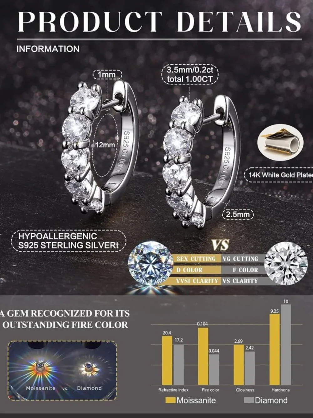 Elegant Moissanite Hoop Earrings in S925 Sterling Silver - Unisex Huggie Style